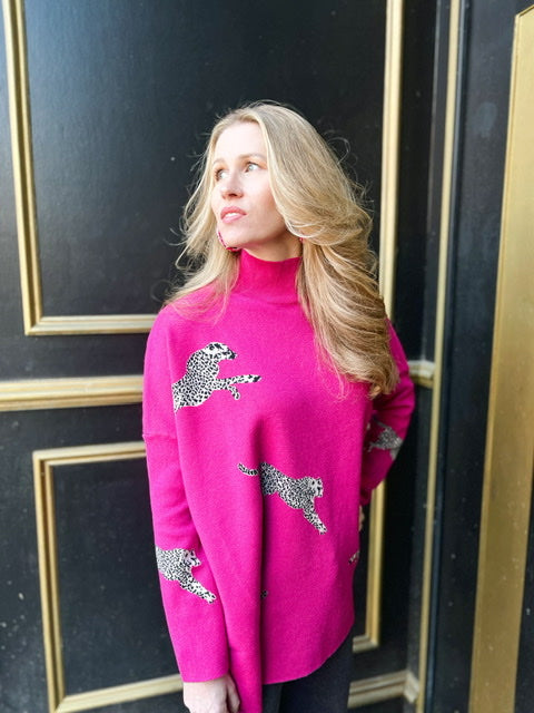 Cheetah Print Long Sleeve Mock Neck Sweater - Pink
