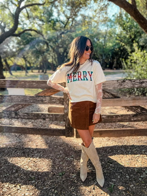 Merry Plaid Christmas Tee - Cream