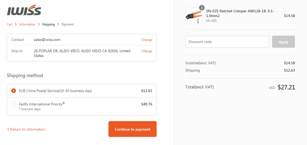 Shipping cost from checkout page screenshot