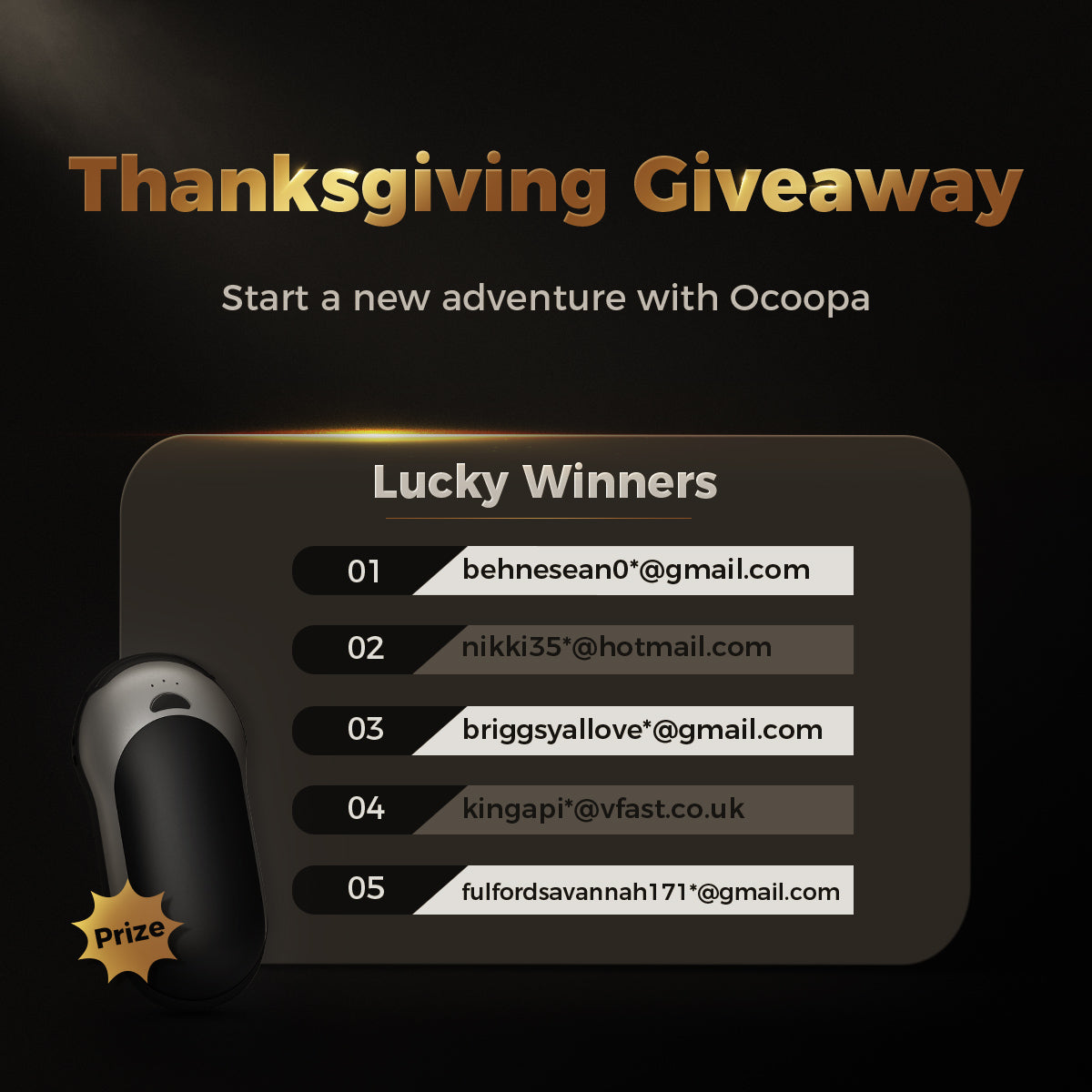 Abonnenten der Ocoopa-Thanksgiving-Gewinnspiel-Website Luckydraw-Gewinner in Runde 1