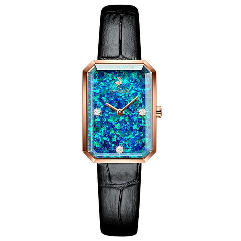 Rorolove Women’s Three Real Diamonds Opal Gem Leather Dress Watch with Sapphire Crystal Glass