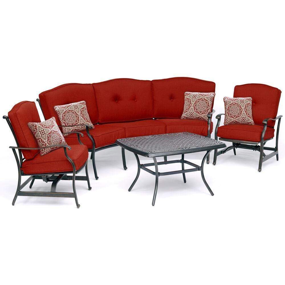 Hanover - Traditions 4-Piece Aluminum Patio Conversation Set with Red Cushion, Cast-Top Coffee Table, Sofa and 2-Rockers | TRAD4PCCT-RED