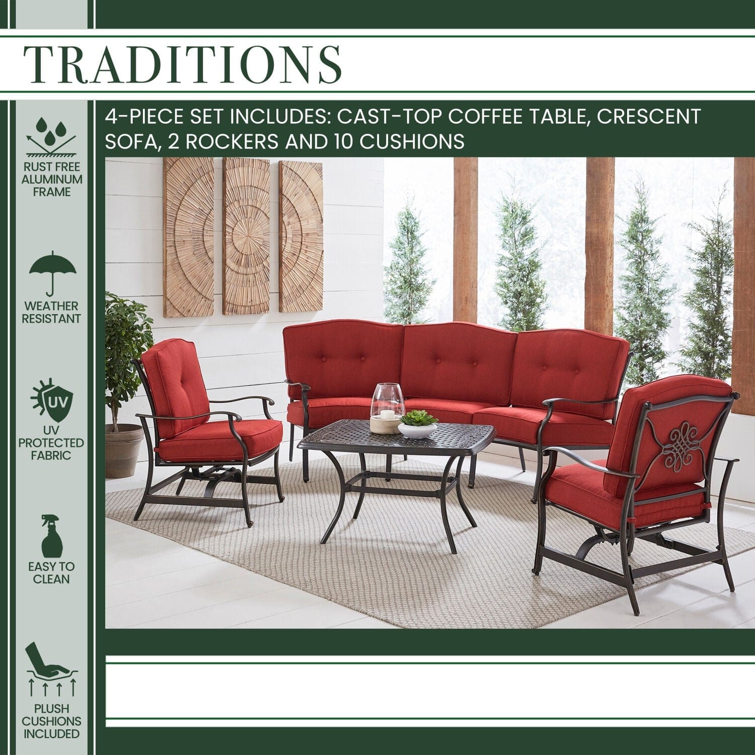 Hanover - Traditions 4-Piece Aluminum Patio Conversation Set with Red Cushion, Cast-Top Coffee Table, Sofa and 2-Rockers | TRAD4PCCT-RED