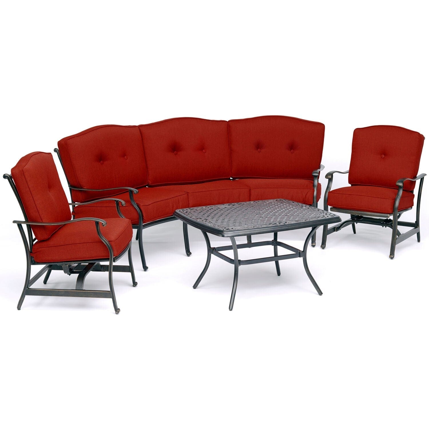 Hanover - Traditions 4-Piece Aluminum Patio Conversation Set with Red Cushion, Cast-Top Coffee Table, Sofa and 2-Rockers | TRAD4PCCT-RED