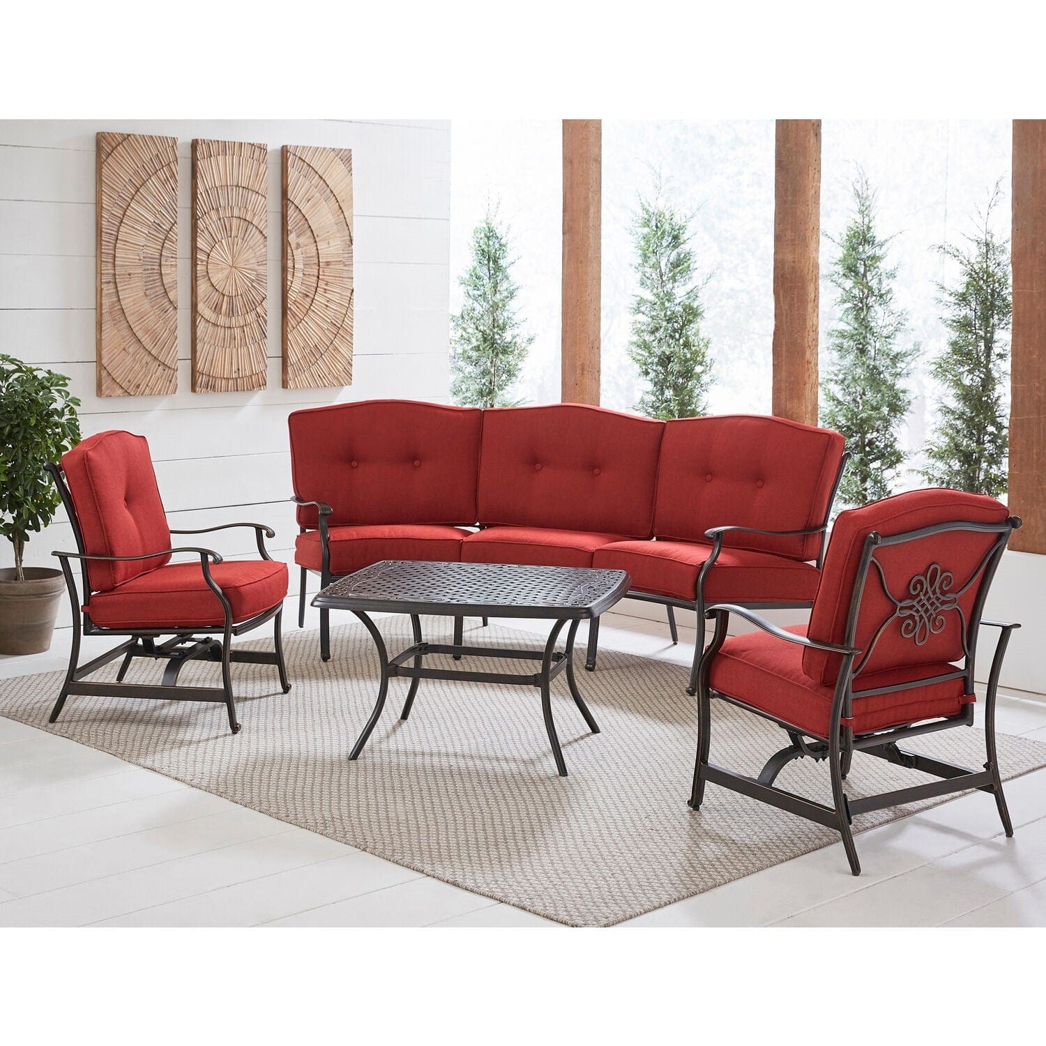 Hanover - Traditions 4-Piece Aluminum Patio Conversation Set with Red Cushion, Cast-Top Coffee Table, Sofa and 2-Rockers | TRAD4PCCT-RED