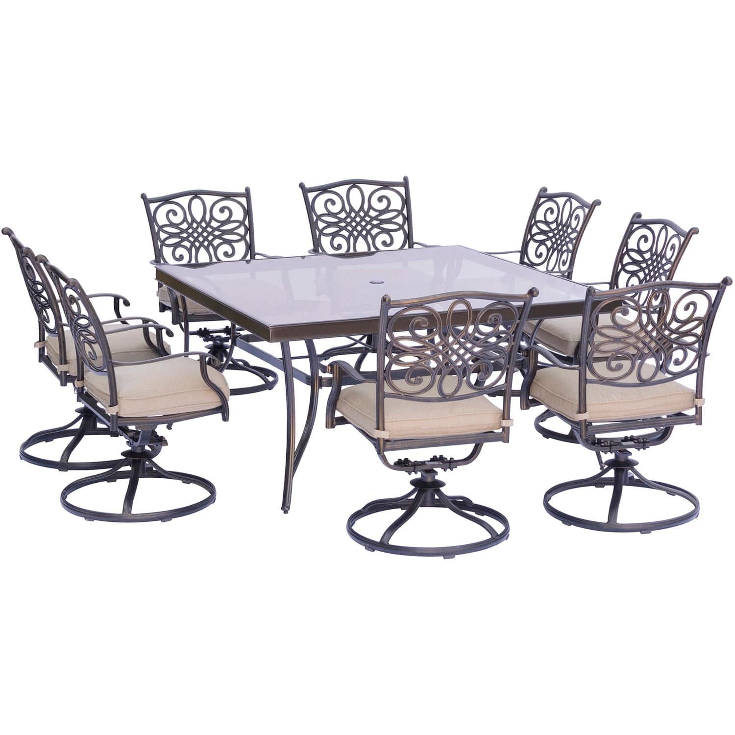 Hanover - Traditions 9-Piece  Aluminium Frame Dining Set in Tan with a 60 In. Square Glass-Top Dining Table | TRADDN9PCSWSQG