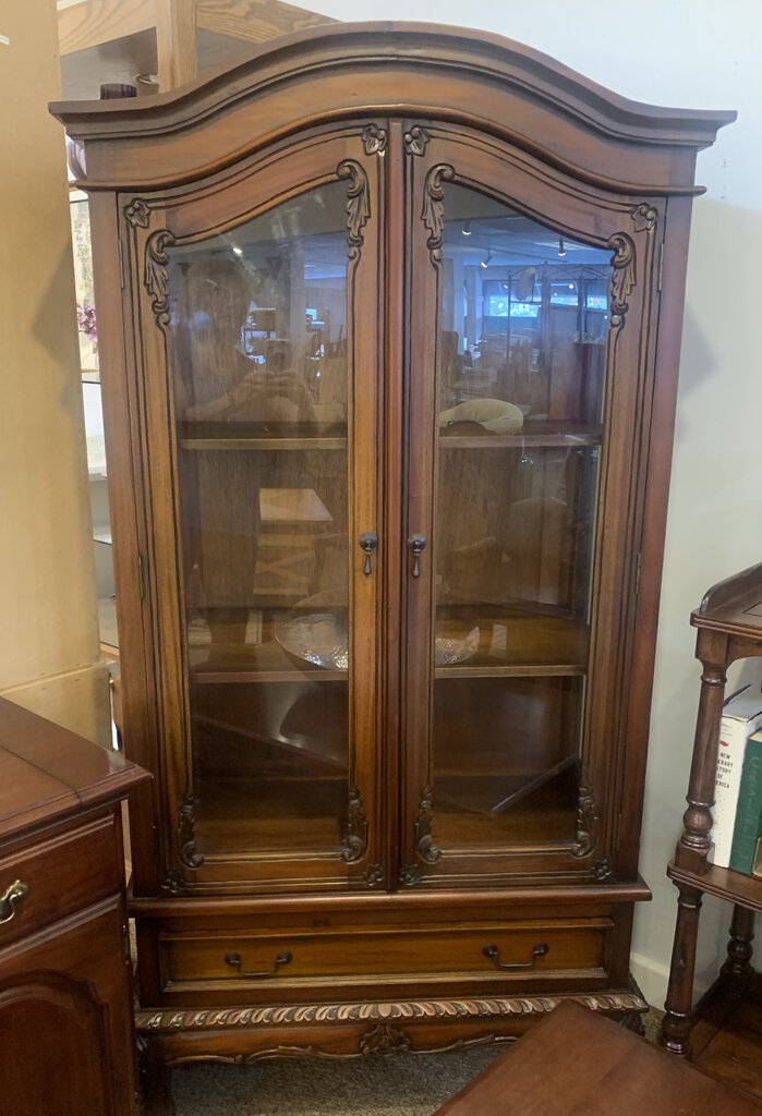 Vintage Glass Doors Carved Detail Curio Cabinet