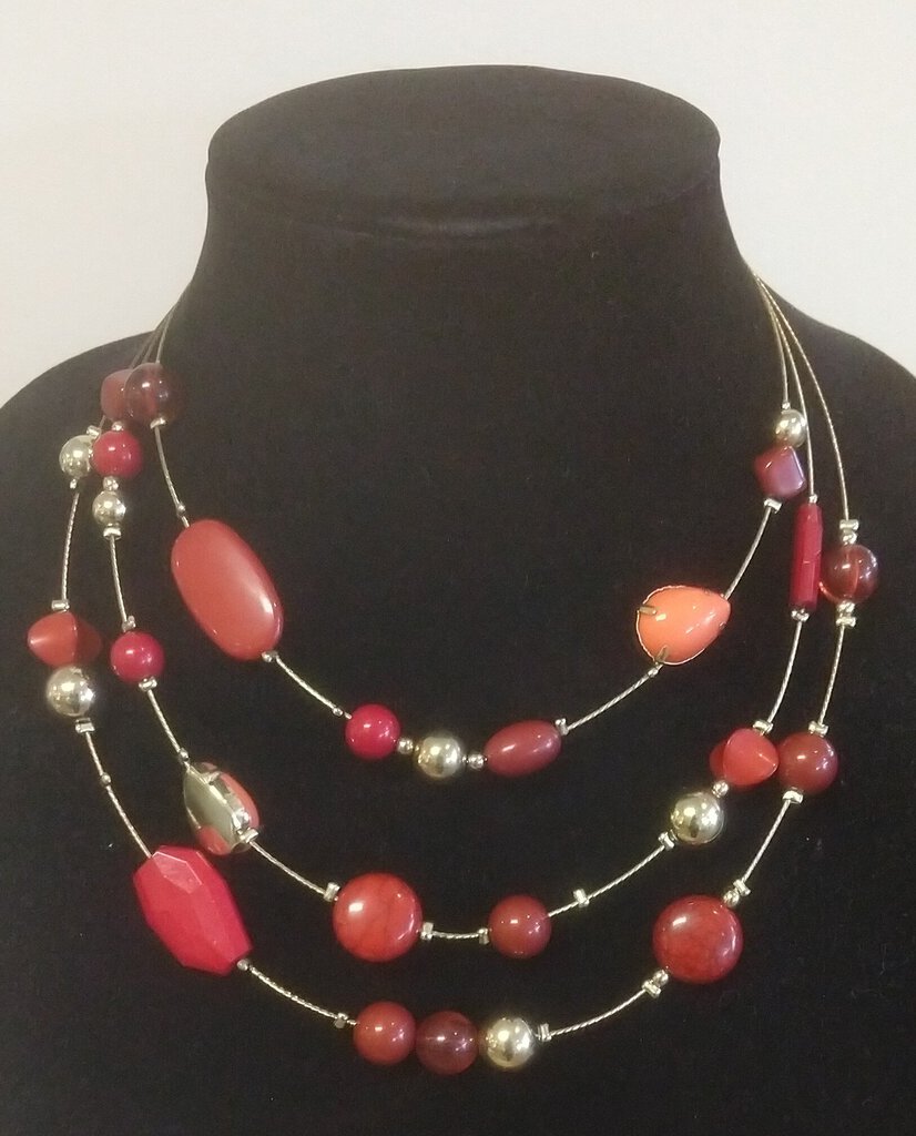 Three Strand Red & Coral Stone Necklace