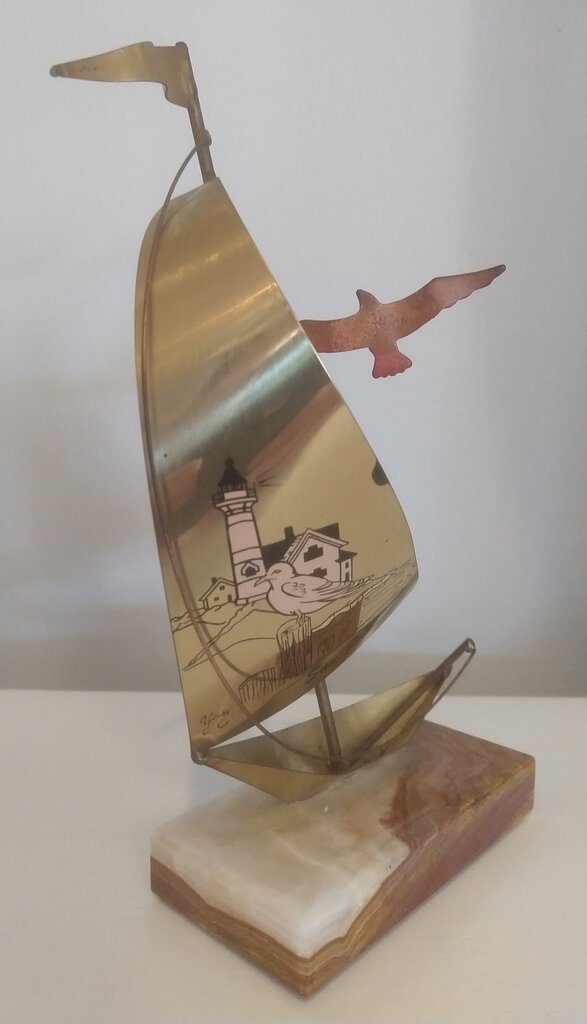Vintage Brass Sailboat on Marble Base - Signed Yosi