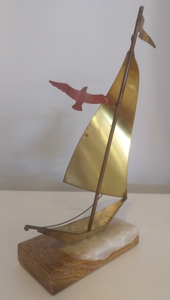 Vintage Brass Sailboat on Marble Base - Signed Yosi