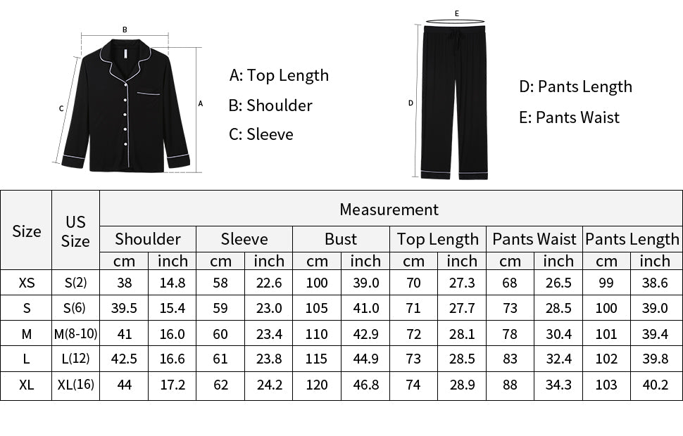 sizing guide for women's pajama set