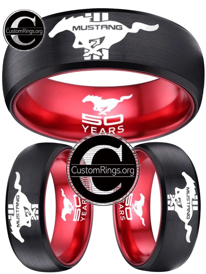 Ford Mustang Ring Ford Wedding Band Tungsten Black and Red Logo Ring Sizes 6 - 13