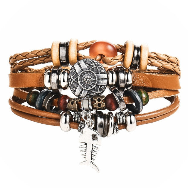 IFME Vintage Punk Multi-Piece Leather Bracelet with Charms and Beads