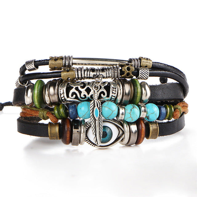 IFME Vintage Punk Multi-Piece Leather Bracelet with Charms and Beads