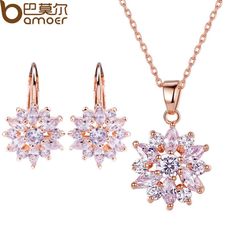 BAMOER Flower Shaped Necklace & Earrings Set with Colorful Zircon Crystals