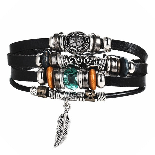 IFME Vintage Punk Multi-Piece Leather Bracelet with Charms and Beads