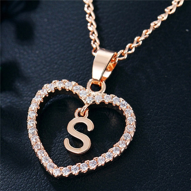 Romantic Heart Pendant with Rhinestones and Alphabet Letter Necklace