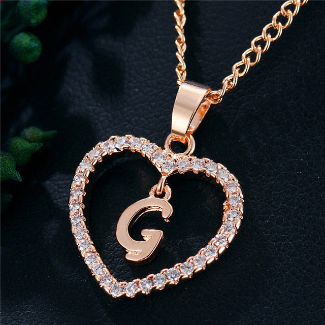 Romantic Heart Pendant with Rhinestones and Alphabet Letter Necklace