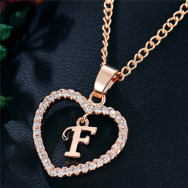 Romantic Heart Pendant with Rhinestones and Alphabet Letter Necklace