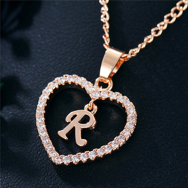 Romantic Heart Pendant with Rhinestones and Alphabet Letter Necklace