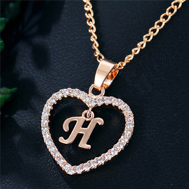 Romantic Heart Pendant with Rhinestones and Alphabet Letter Necklace