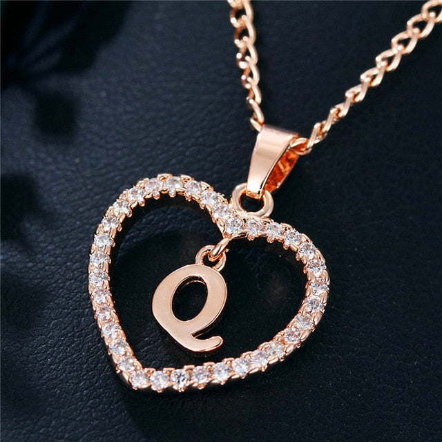 Romantic Heart Pendant with Rhinestones and Alphabet Letter Necklace