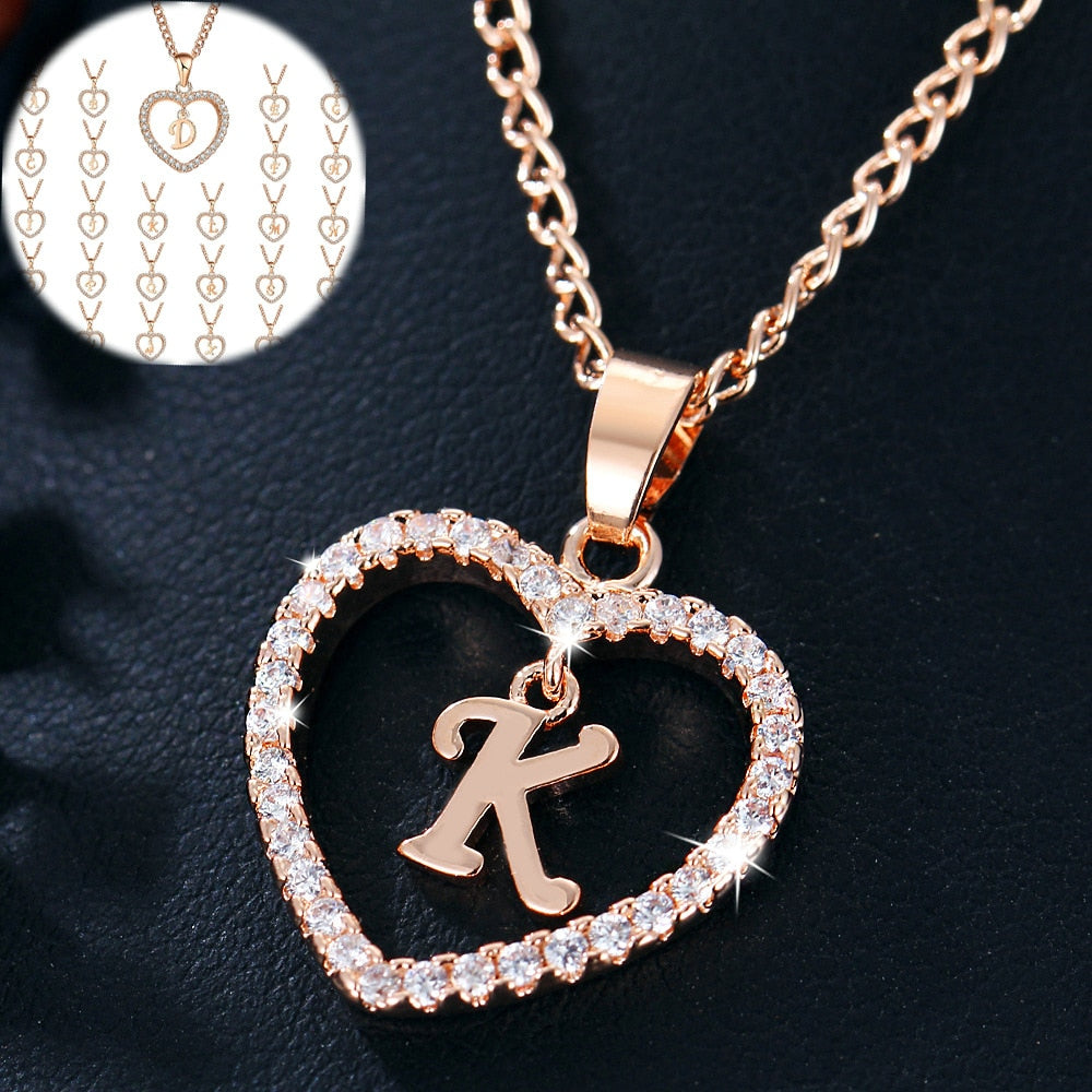 Romantic Heart Pendant with Rhinestones and Alphabet Letter Necklace