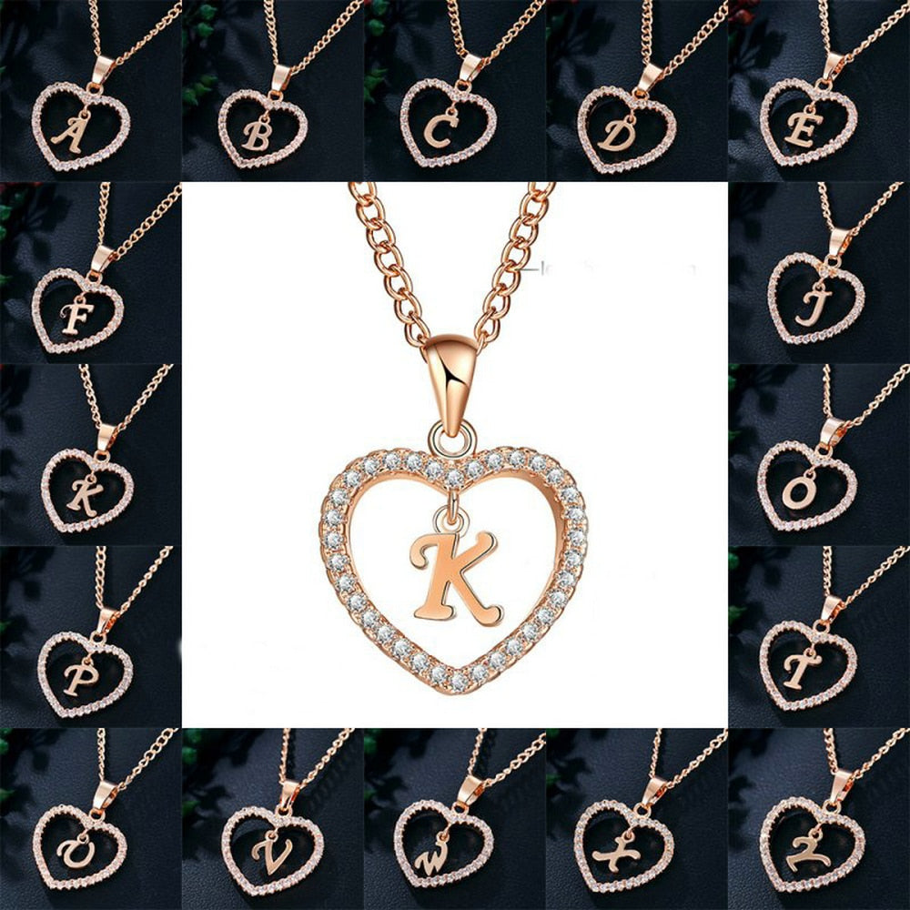 Romantic Heart Pendant with Rhinestones and Alphabet Letter Necklace
