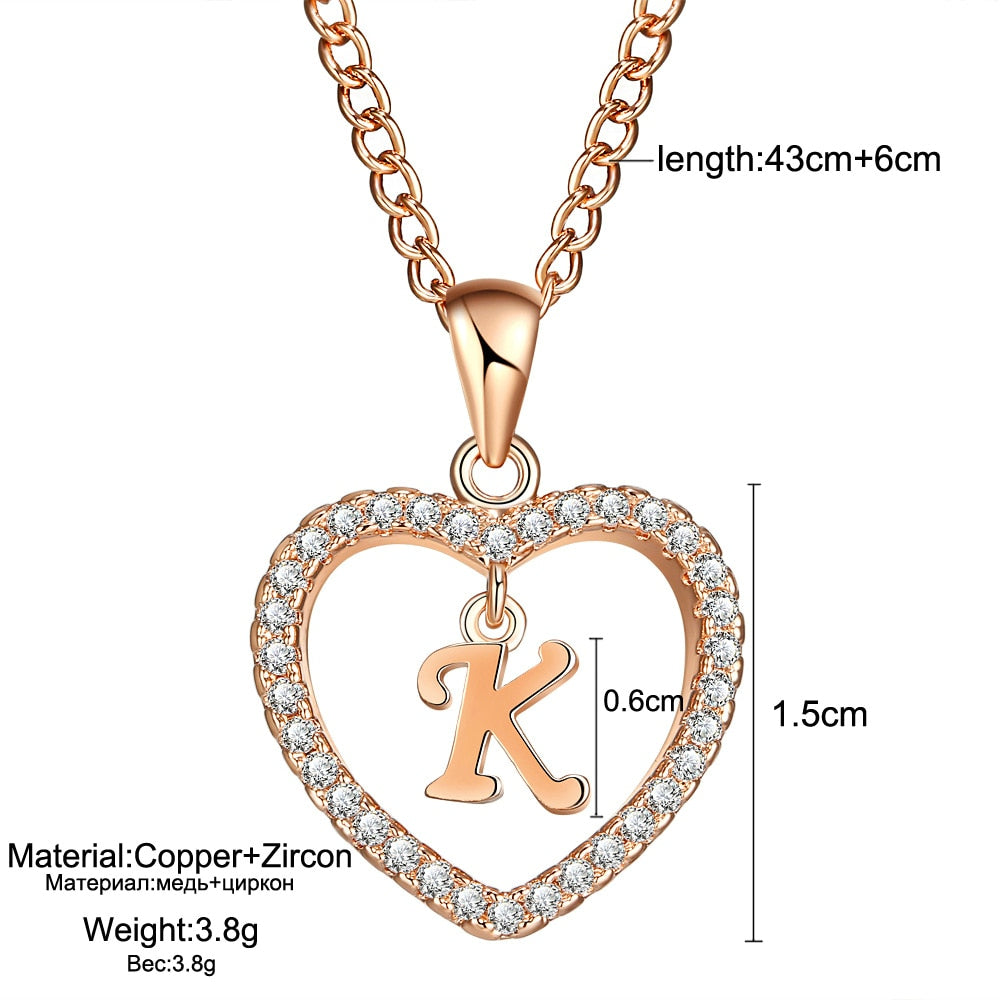 Romantic Heart Pendant with Rhinestones and Alphabet Letter Necklace