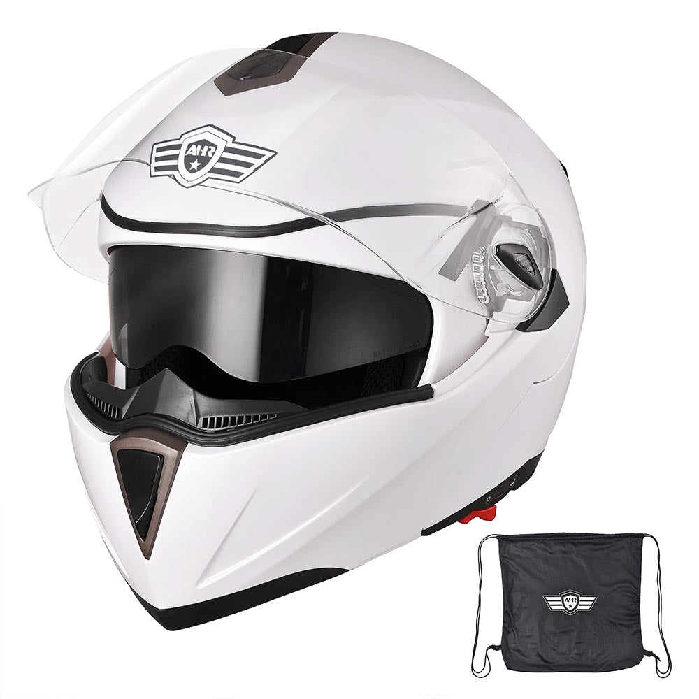  Full Face Dual Visors DOT Flip Up Motor Helmet White M L XL 