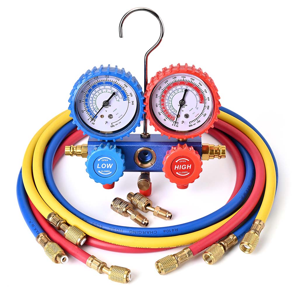  DIY 2 Valve R410a Refrigerant Manifold Gauge w/ 3 Hoses Front 