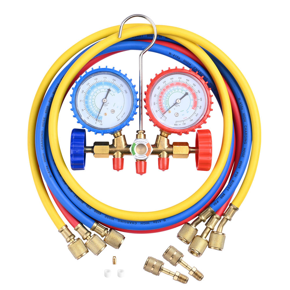  DIY 2 Valve R410a Refrigerant Manifold Gauge w/ 3 Hoses Side 