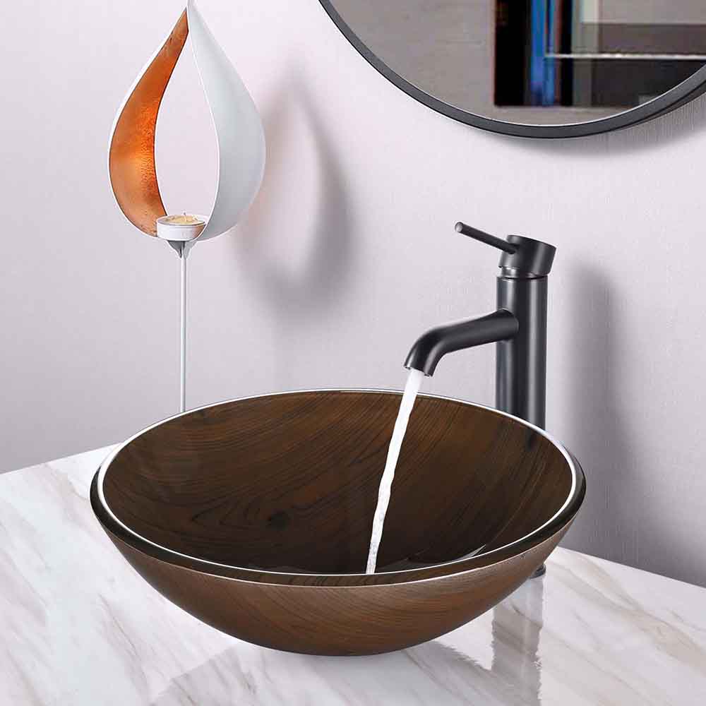  DIY Bathroom Lavatory Round Tempered Glass Sink Wood Grain 