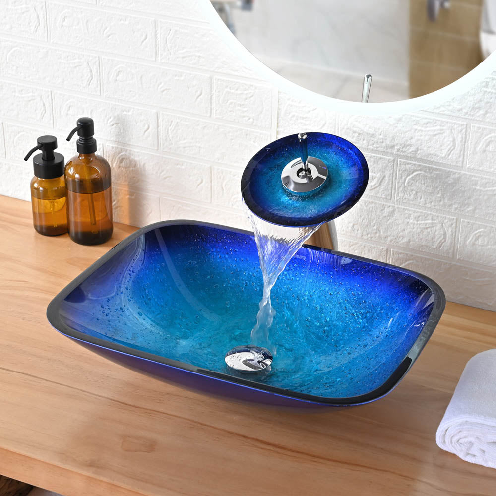  DIY 20x15 inch Glass Vessel Sink & Waterfall Faucet Blue 