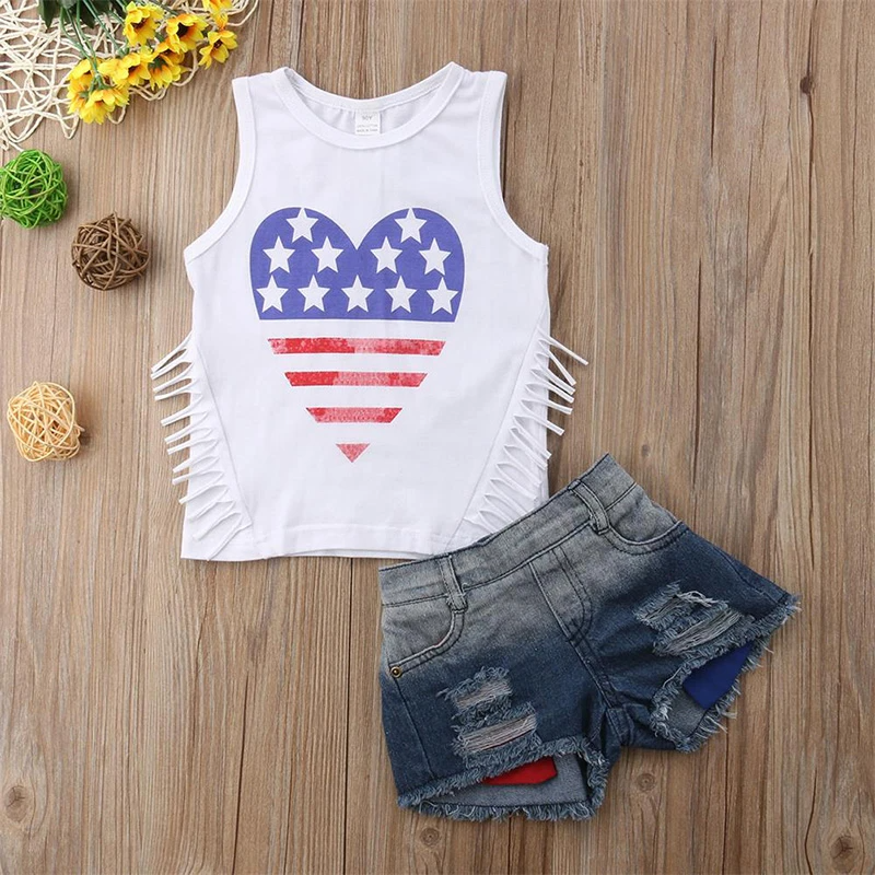 Flag Heart Fringe Tank and Denim Shorts Set