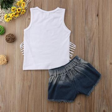 Flag Heart Fringe Tank and Denim Shorts Set