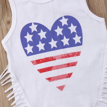 Flag Heart Fringe Tank and Denim Shorts Set