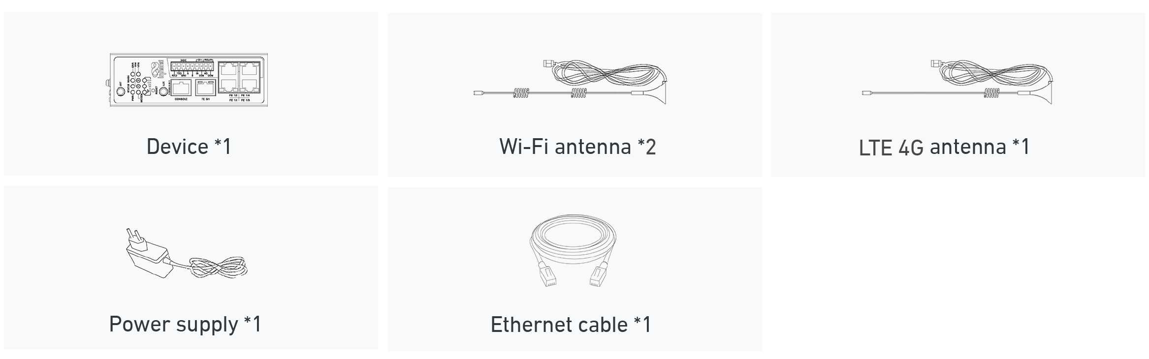IG902, WiFi antenna*2, LTE 4G antenna, Power Supply, Ethernet Cable