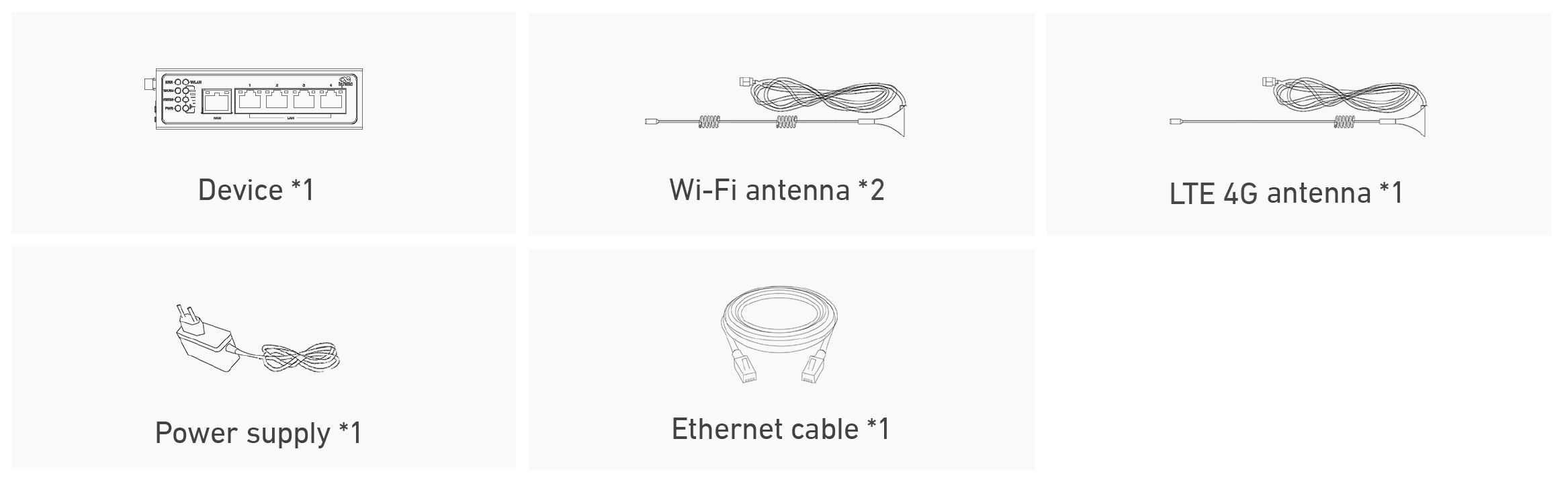 InRouter615-S Industrial WiFi Router: device, wifi antenna, LTE 4G antenna, power supply, Ethernet cable