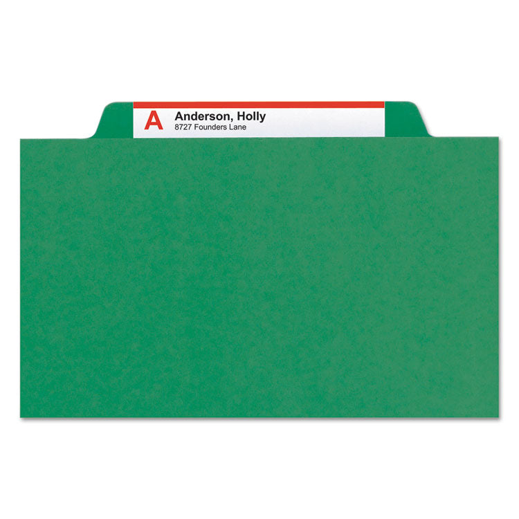Smead? Eight-Section Pressboard Top Tab Classification Folders, Eight SafeSHIELD Fasteners, 3 Dividers, Legal Size, Green, 10/Box (SMD19097)
