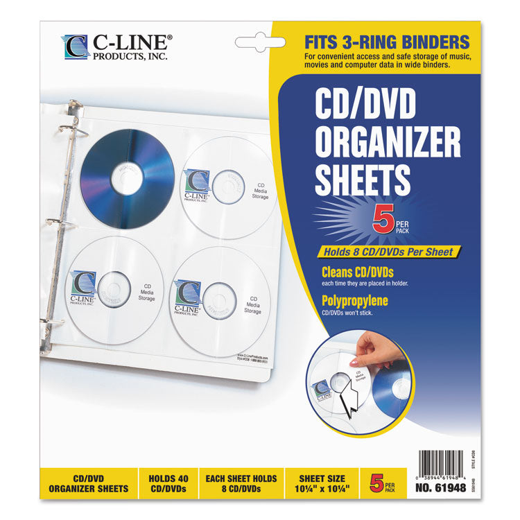 C-Line? Deluxe CD Ring Binder Storage Pages, Standard, 8 Disc Capacity, Clear/White, 5/Pack (CLI61948)