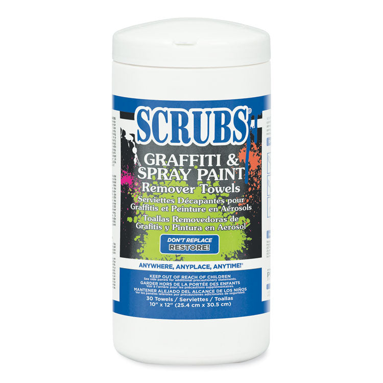 SCRUBS? Graffiti and Paint Remover Towels, Citrus, 10 x 12, Neutral Scent, Orange on White, 30/Canister, 6 Canisters/Carton (ITW90130CT)