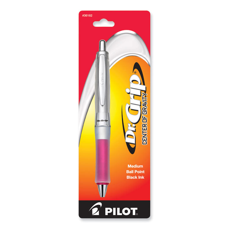 Pilot? Dr. Grip Center of Gravity Ballpoint Pen, Retractable, Medium 1 mm, Black Ink, Silver/Pink Grip Barrel (PIL36182)