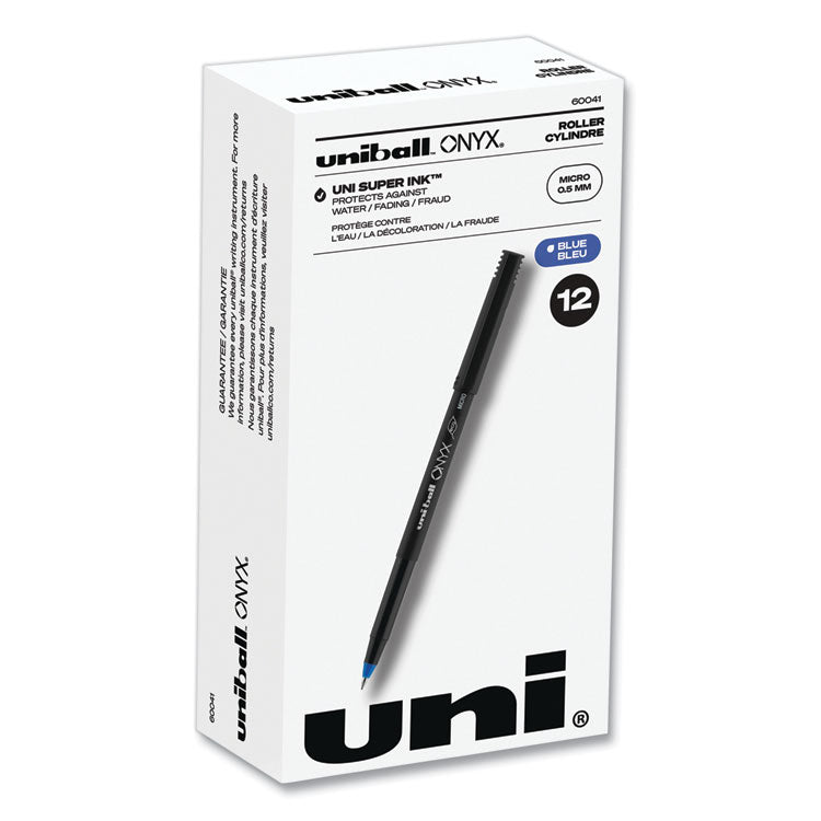 uniball? ONYX Roller Ball Pen, Stick, Extra-Fine 0.5 mm, Blue Ink, Black/Blue Barrel, Dozen (UBC60041)