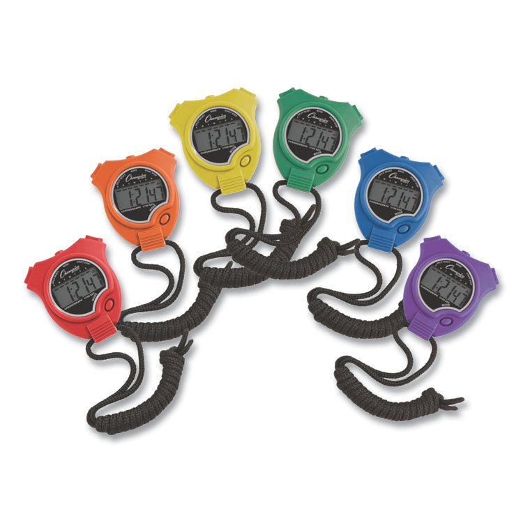 Champion Sports Water-Resistant Stopwatches, Accurate to 1/100 Second, Assorted Colors, 6/Box (CSI910SET)