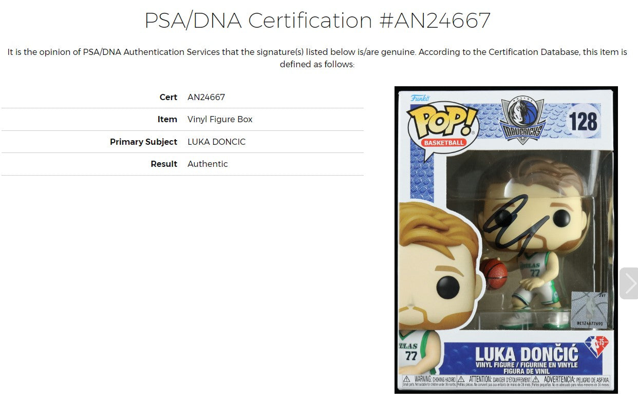 Luka Doncic Dallas Mavericks Signed Autographed NBA FUNKO POP #128 Vinyl Figure PSA COA Sticker Hologram Only