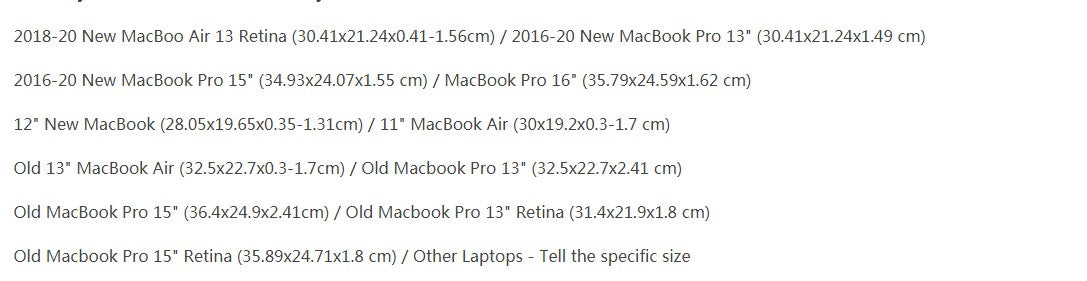 macbook case sleeve size chart