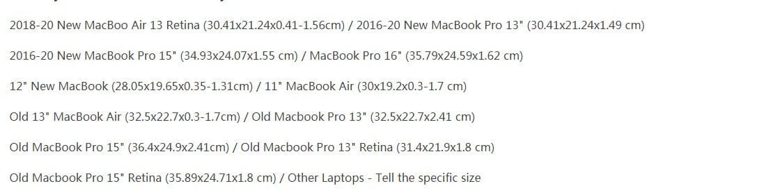 tableau des tailles des étuis macbook