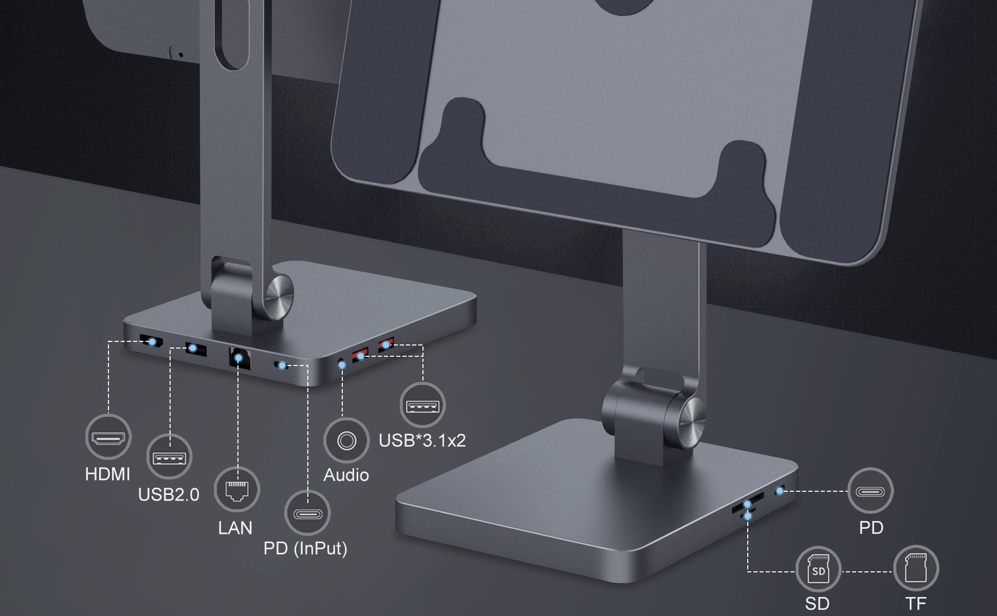 iPadpro2022M2-2021M1-usb-c-hub-stand-with-4k@60hz-pad100w-usb3.1-sd-tf