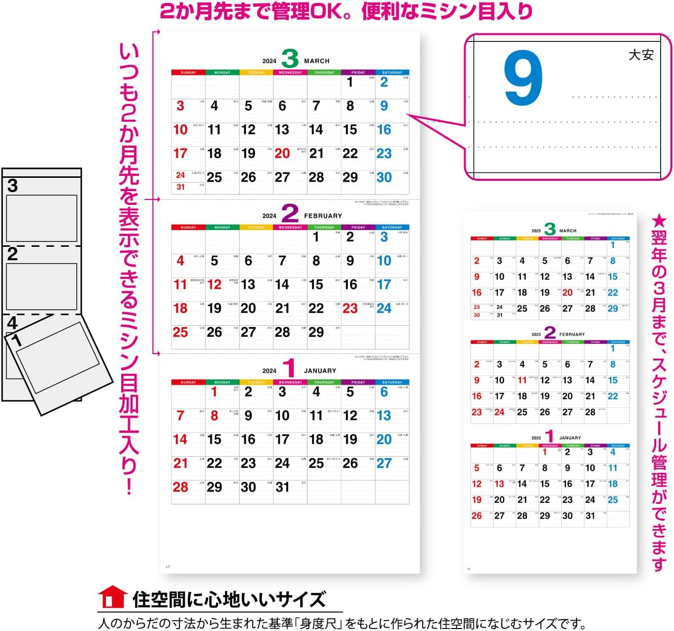 New Japan Calendar 2024 Wall Calendar Color Line Memo 3 Months Moji NK162 610x280mm
